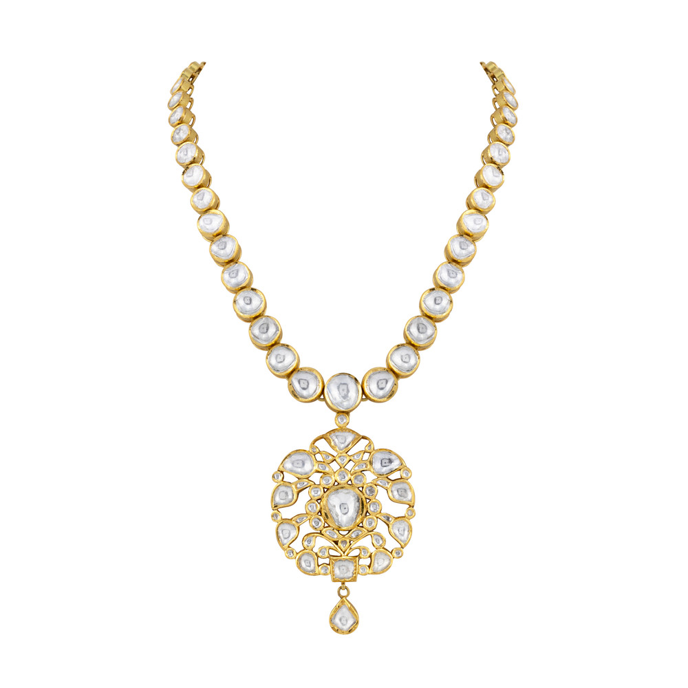 Polki Necklace with Intricate Floral Pendant